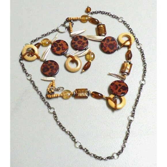 Beaded Belt Glass Acrylic Wood Chain Link Adjustable Silver Tone Leopard Vintage main image 10
